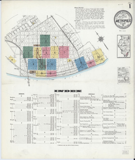 Sanborn Fire Insurance Map from Metropolis, Massac County, Illinois (1921), Sheet #0001 - Historic Sanborn Fire Insurance Map Print, vintage old map wall art, antique decor, genealogy gift, Illinois Illinois map