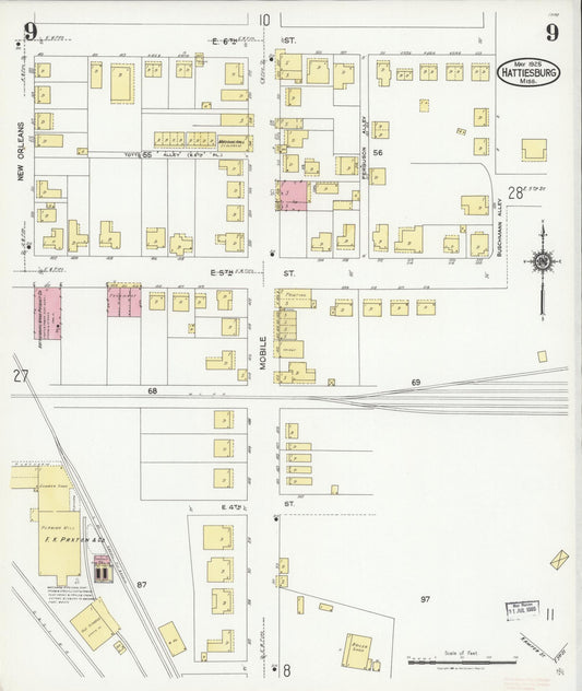 Sanborn Fire Insurance Map from Hattiesburg, Forrest County, Mississippi (1925), Sheet #0009 - Historic Sanborn Fire Insurance Map Print, vintage old map wall art, antique decor, genealogy gift, Mississippi Mississippi map