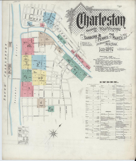 Sanborn Fire Insurance Map from Charleston, Kanawha County, West Virginia (1897), Sheet #0001 - Historic Sanborn Fire Insurance Map Print, vintage old map wall art, antique decor, genealogy gift, West Virginia West Virginia map
