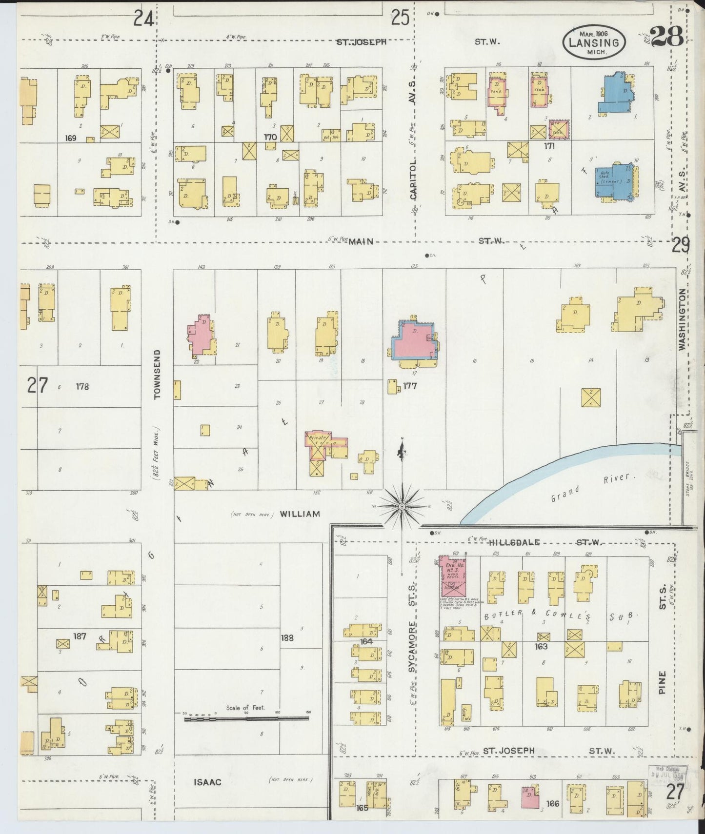 Sanborn Fire Insurance Map from Lansing, Ingham County, Michigan (1906), Sheet #0028 - Historic Sanborn Fire Insurance Map Print, vintage old map wall art, antique decor, genealogy gift, Michigan Michigan map