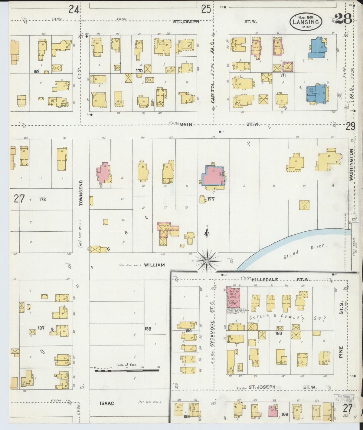 Sanborn Fire Insurance Map from Lansing, Ingham County, Michigan (1906), Sheet #0028 - Historic Sanborn Fire Insurance Map Print, vintage old map wall art, antique decor, genealogy gift, Michigan Michigan map