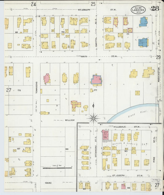 Sanborn Fire Insurance Map from Lansing, Ingham County, Michigan (1906), Sheet #0028 - Historic Sanborn Fire Insurance Map Print, vintage old map wall art, antique decor, genealogy gift, Michigan Michigan map
