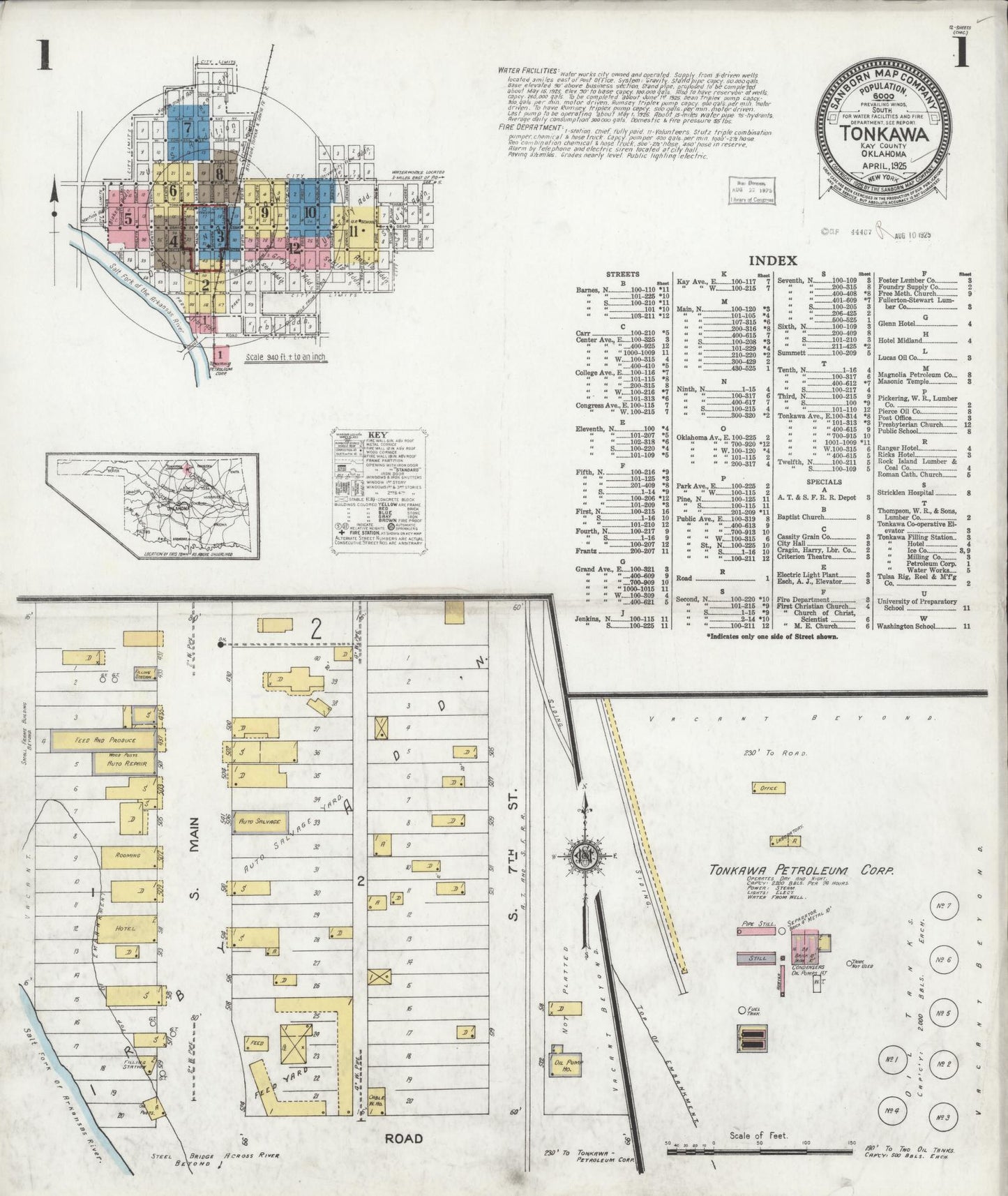 Sanborn Fire Insurance Map from Tonkawa, Kay County, Oklahoma (1925), Sheet #0001 - Complete Map Set gallery image, historic Sanborn map, vintage wall art, Oklahoma Oklahoma