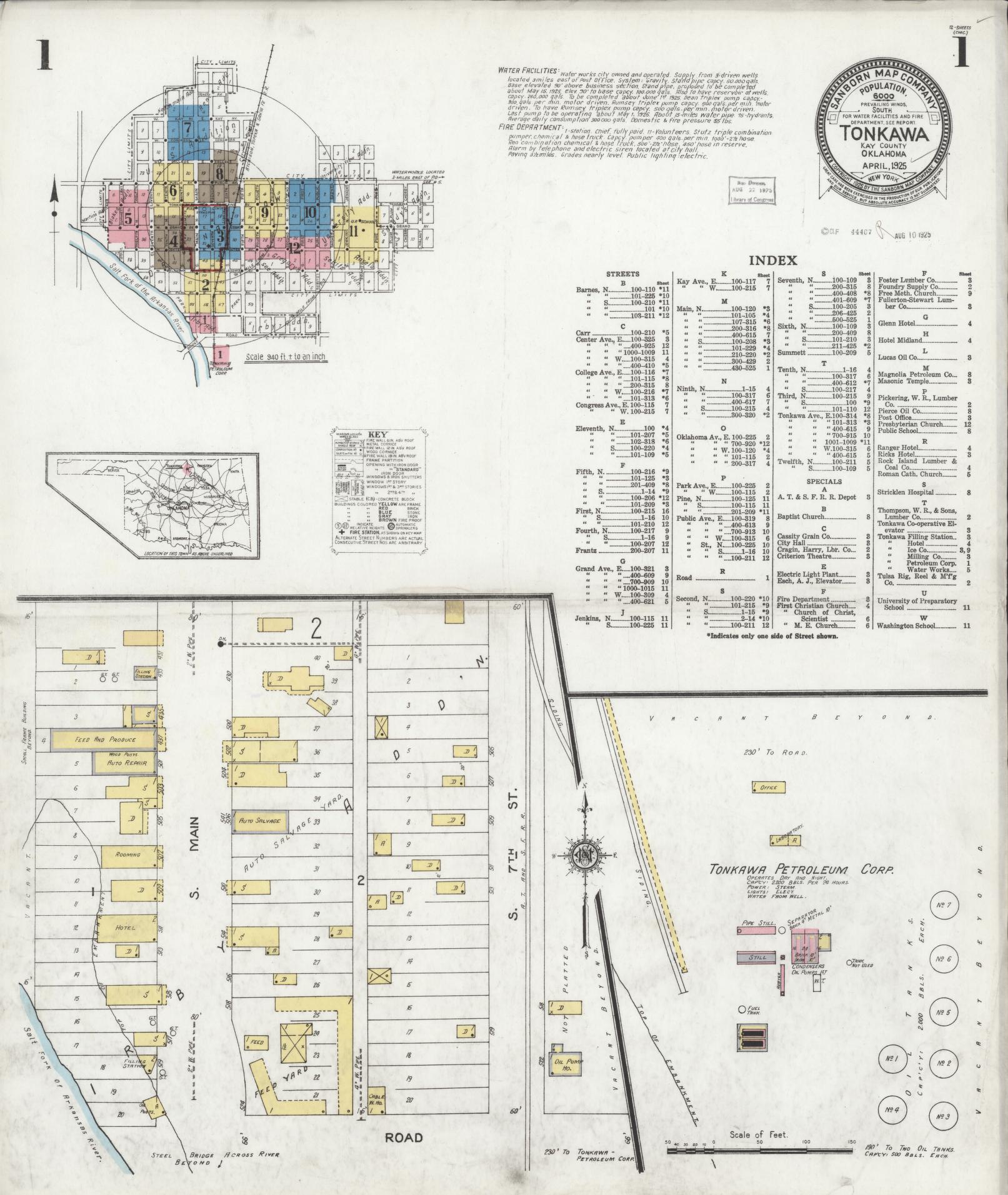 Sanborn Fire Insurance Map from Tonkawa, Kay County, Oklahoma (1925), Sheet #0001 - Complete Map Set gallery image, historic Sanborn map, vintage wall art, Oklahoma Oklahoma