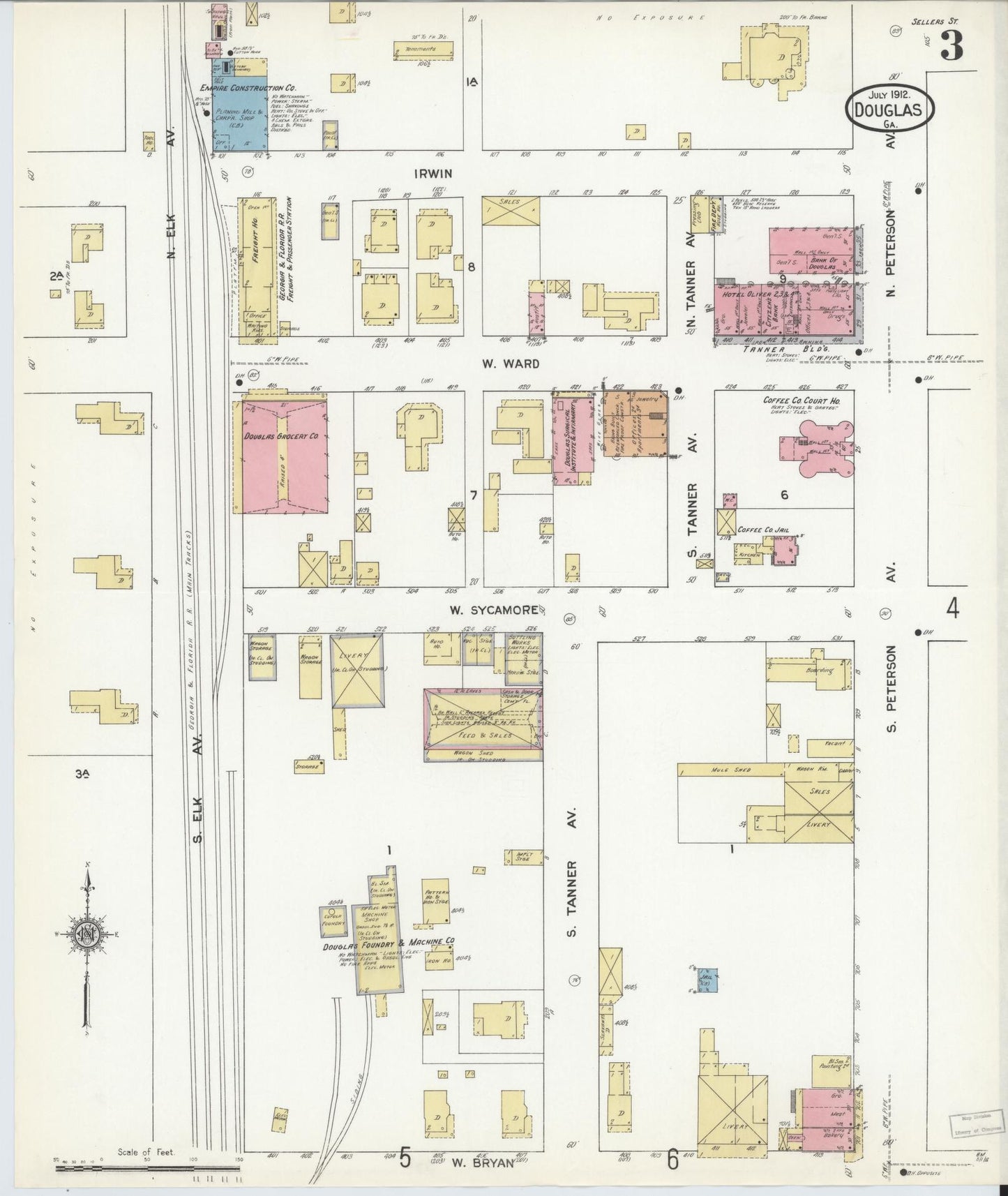 Sanborn Fire Insurance Map from Douglas, Coffee County, Georgia (1912), Sheet #0003 - Complete Map Set gallery image, historic Sanborn map, vintage wall art, Georgia Georgia