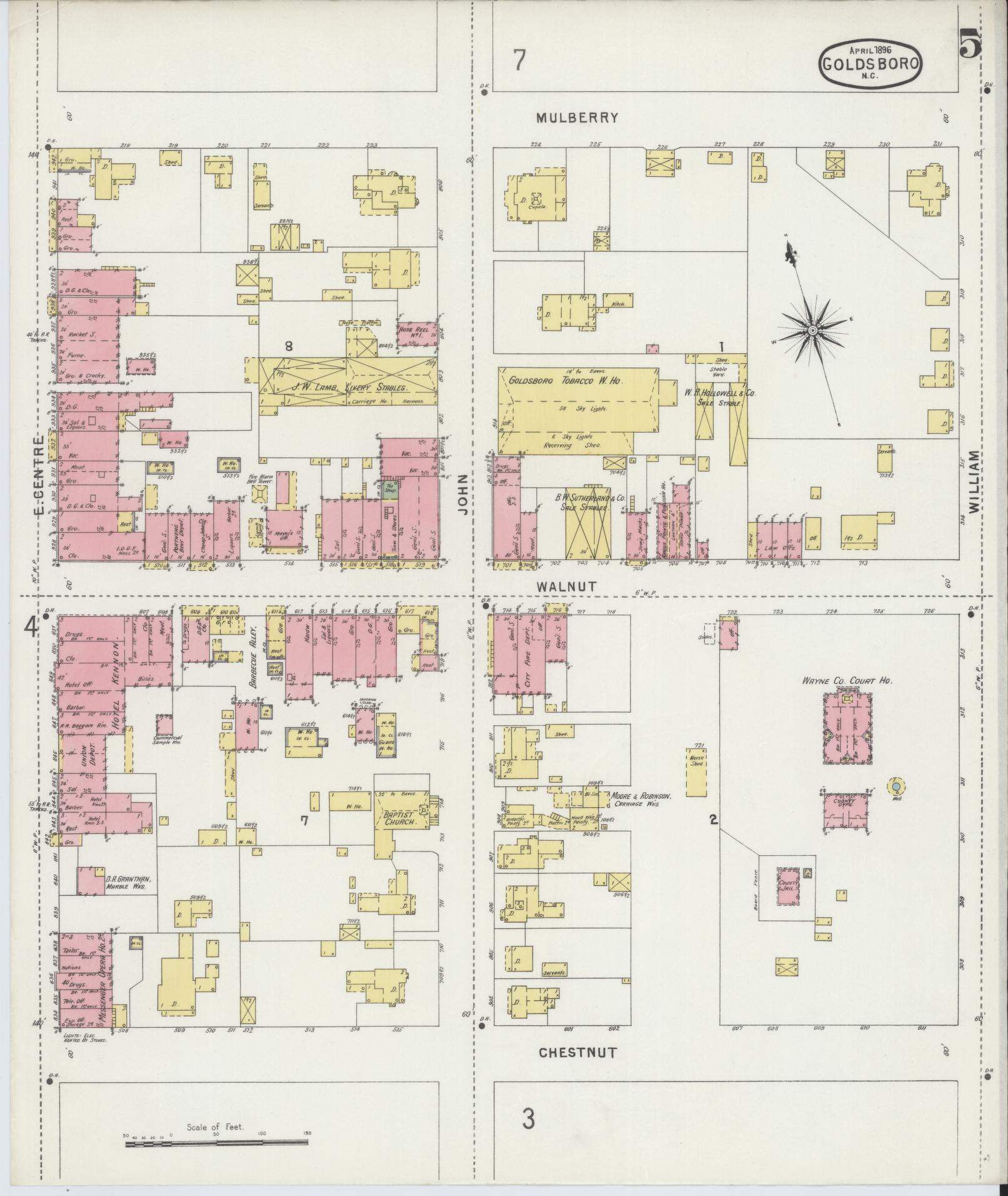 Sanborn Fire Insurance Map from Goldsboro, Wayne County, North Carolina (1896), Sheet #0005 - Historic Sanborn Fire Insurance Map Print, vintage old map wall art, antique decor, genealogy gift, North Carolina North Carolina map