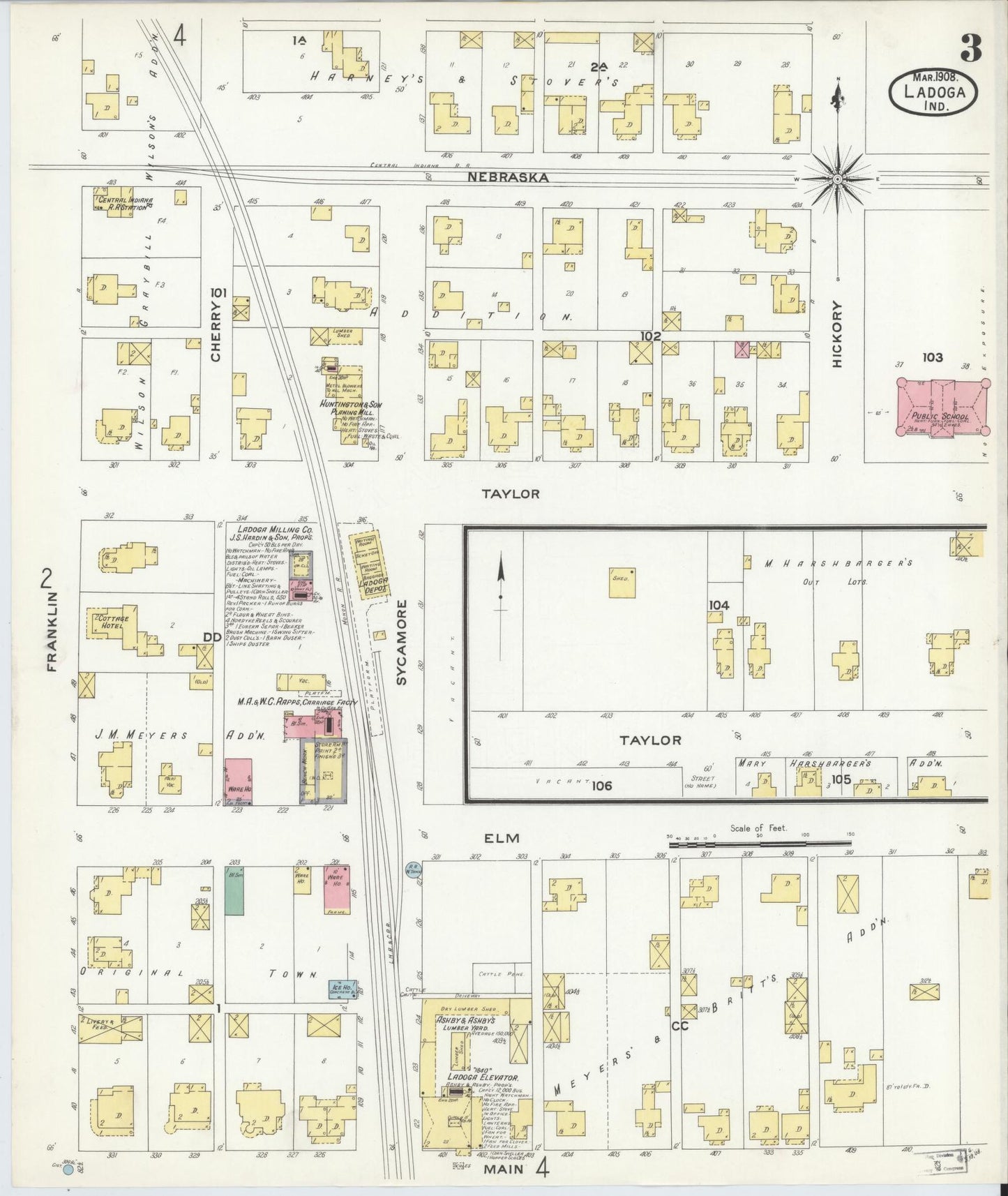 Sanborn Fire Insurance Map from Ladoga, Montgomery County, Indiana (1908), Sheet #0003 - Complete Map Set gallery image, historic Sanborn map, vintage wall art, Indiana Indiana