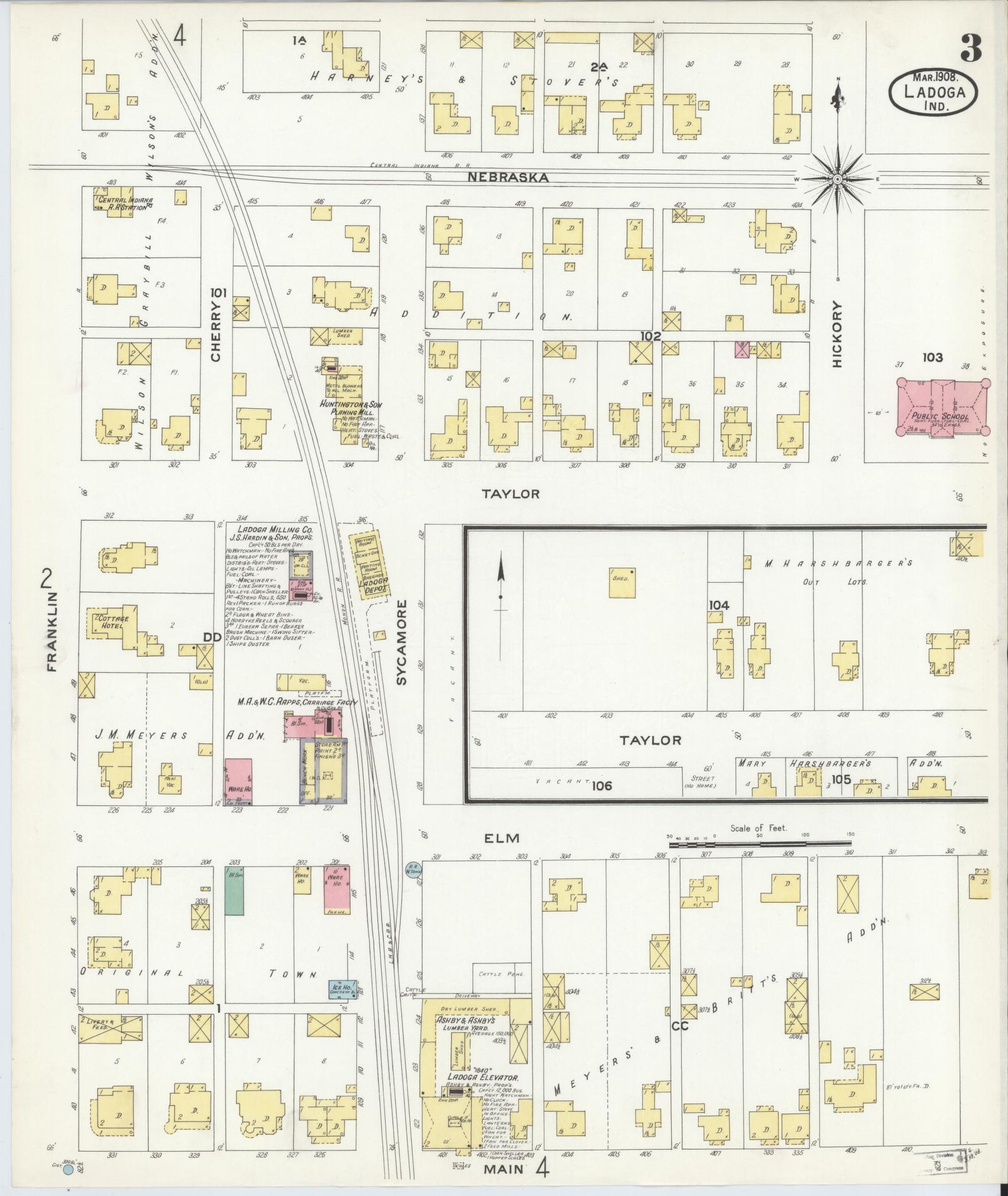 Sanborn Fire Insurance Map from Ladoga, Montgomery County, Indiana (1908), Sheet #0003 - Complete Map Set gallery image, historic Sanborn map, vintage wall art, Indiana Indiana