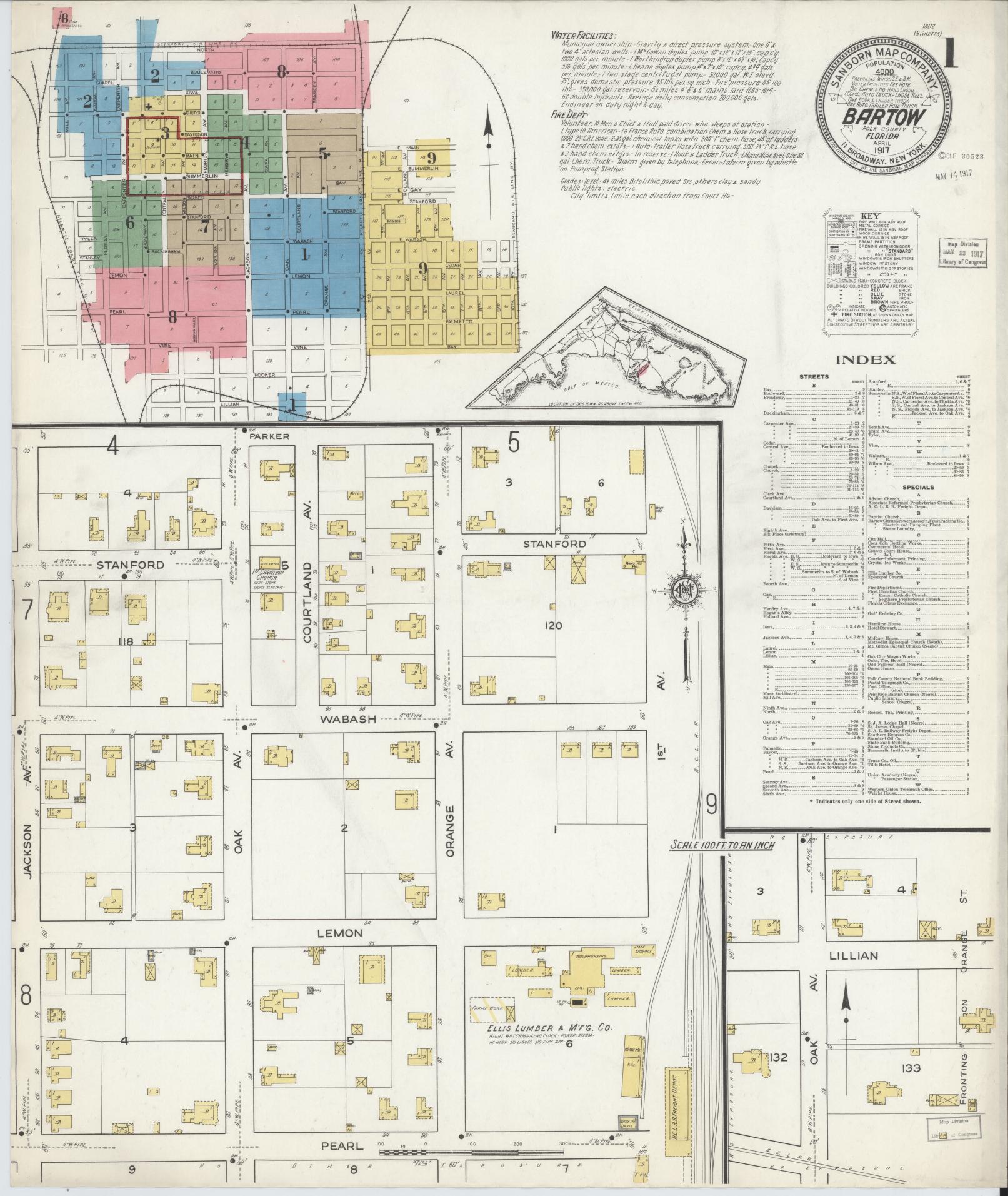 Sanborn Fire Insurance Map from Bartow, Polk County, Florida (1917), Sheet #0001 - Historic Sanborn Fire Insurance Map Print, vintage old map wall art, antique decor, genealogy gift, Florida Florida map