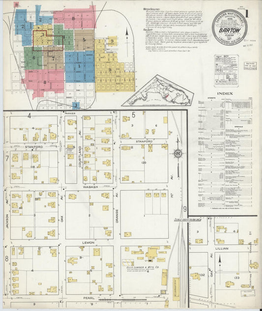 Sanborn Fire Insurance Map from Bartow, Polk County, Florida (1917), Sheet #0001 - Historic Sanborn Fire Insurance Map Print, vintage old map wall art, antique decor, genealogy gift, Florida Florida map