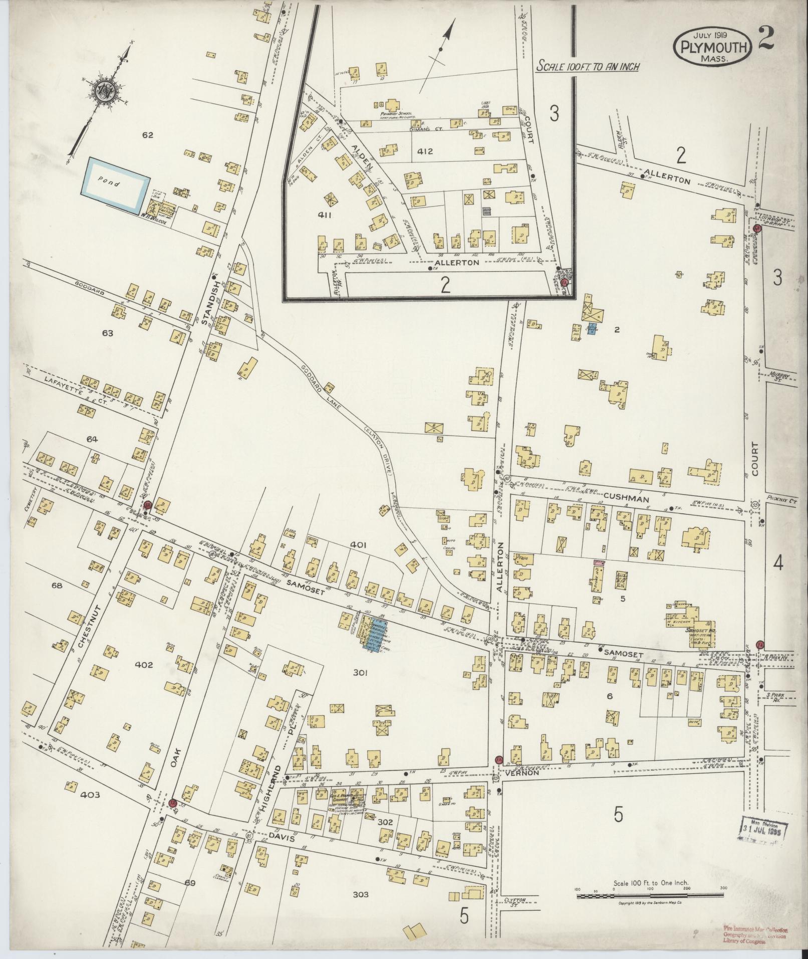 Sanborn Fire Insurance Map from Plymouth, Plymouth County, Massachusetts (1919), Sheet #0002 - Historic Sanborn Fire Insurance Map Print, vintage old map wall art, antique decor, genealogy gift, Massachusetts Massachusetts map