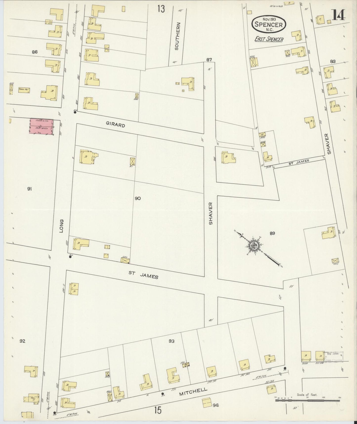 Sanborn Fire Insurance Map from Spencer, Rowan County, North Carolina (1913), Sheet #0014 - Historic Sanborn Fire Insurance Map Print, vintage old map wall art, antique decor, genealogy gift, North Carolina North Carolina map