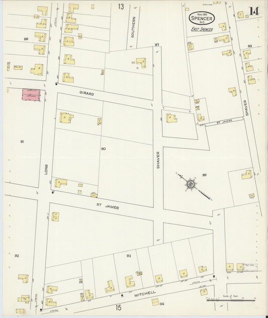 Sanborn Fire Insurance Map from Spencer, Rowan County, North Carolina (1913), Sheet #0014 - Historic Sanborn Fire Insurance Map Print, vintage old map wall art, antique decor, genealogy gift, North Carolina North Carolina map