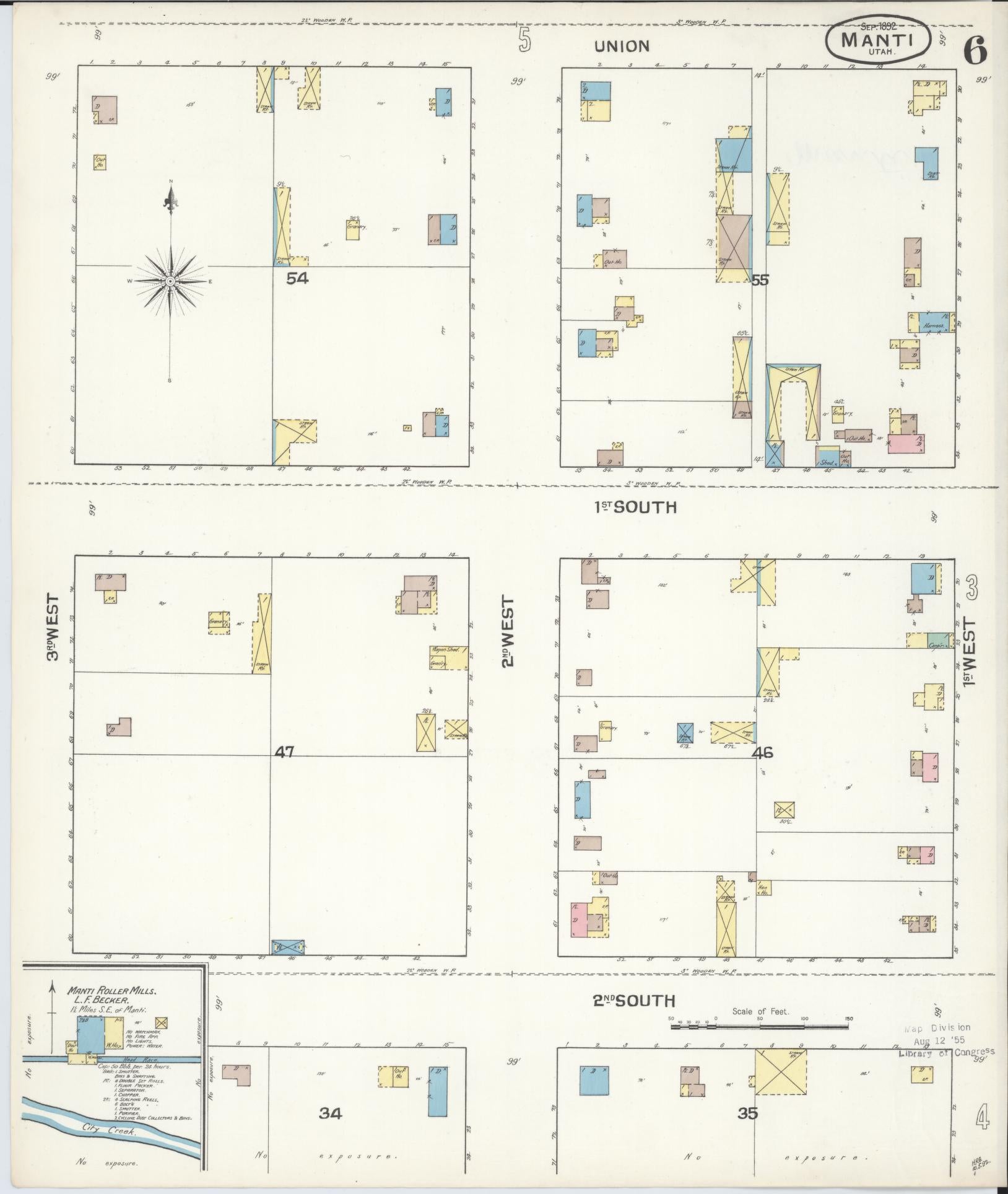 Sanborn Fire Insurance Map from Manti, Sanpete County, Utah (1892), Sheet #0006 - Complete Map Set gallery image, historic Sanborn map, vintage wall art, Utah Utah