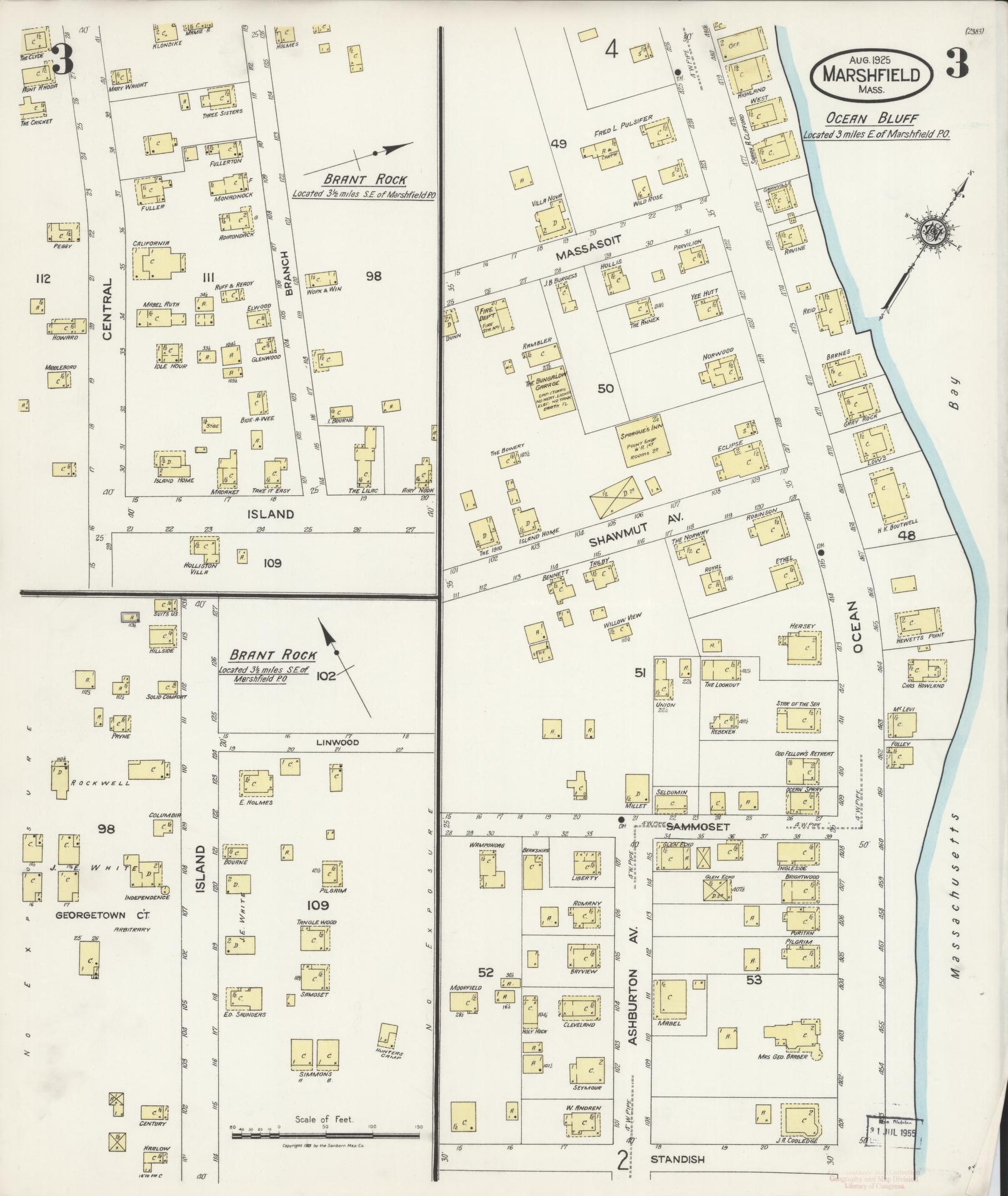 Sanborn Fire Insurance Map from Marshfield, Plymouth County, Massachusetts (1925), Sheet #0003 - Historic Sanborn Fire Insurance Map Print, vintage old map wall art, antique decor, genealogy gift, Massachusetts Massachusetts map