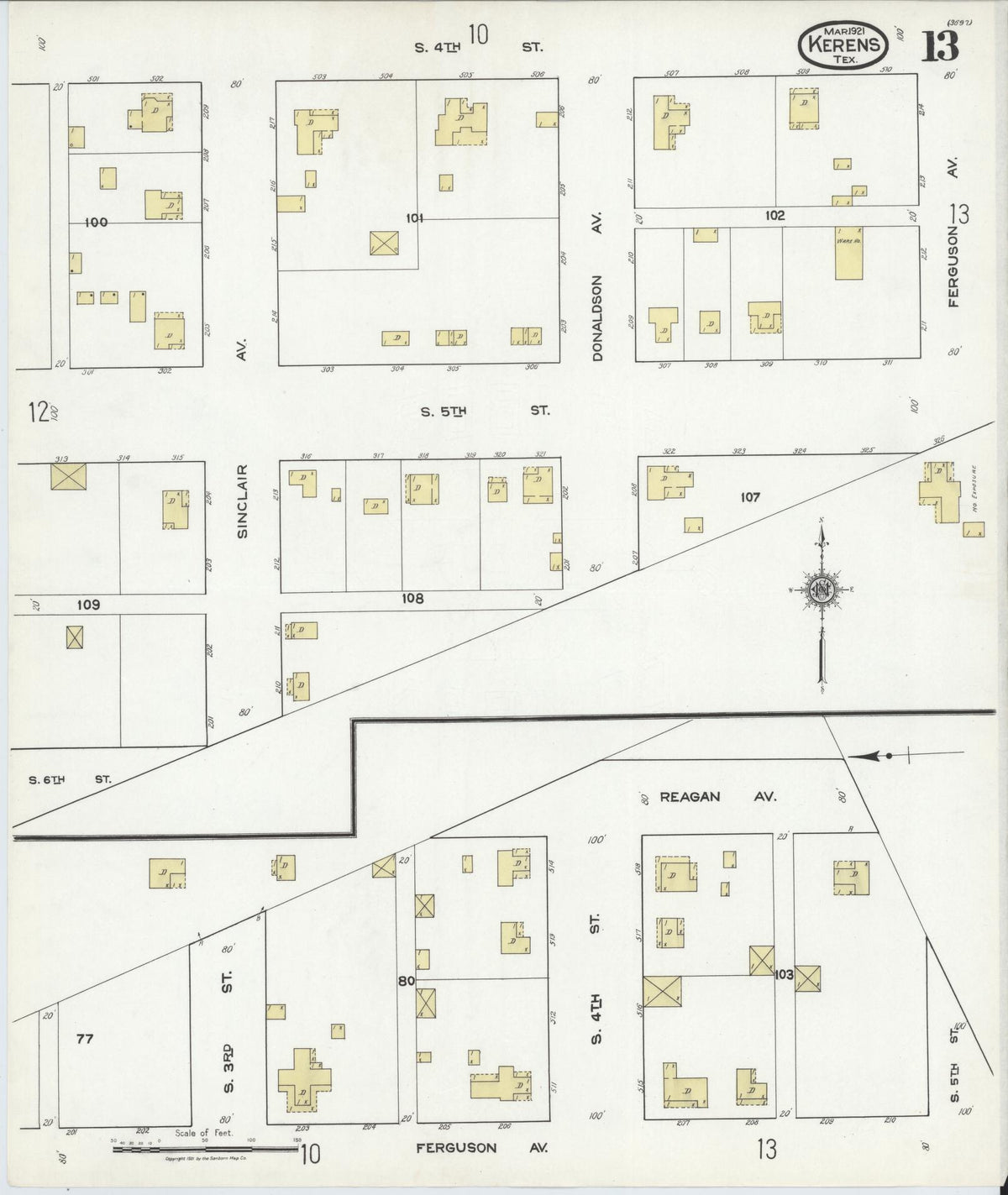 Sanborn Fire Insurance Map from Kerens, Navarro County, Texas (1921), Sheet #0013 - Complete Map Set gallery image, historic Sanborn map, vintage wall art, Texas Texas