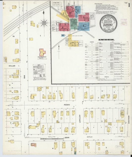 Sanborn Fire Insurance Map from Durand, Shiawassee County, Michigan (1908), Sheet #0001 - Complete Map Set gallery image, historic Sanborn map, vintage wall art, Michigan Michigan
