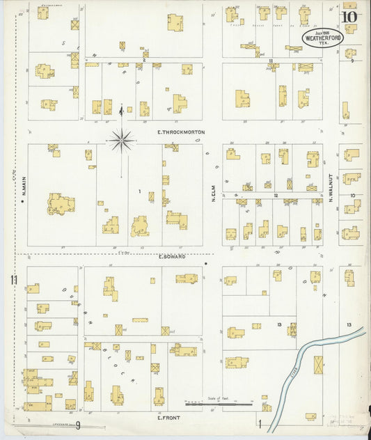 Sanborn Fire Insurance Map from Weatherford, Parker County, Texas (1905), Sheet #0010 - Historic Sanborn Fire Insurance Map Print, vintage old map wall art, antique decor, genealogy gift, Texas Texas map
