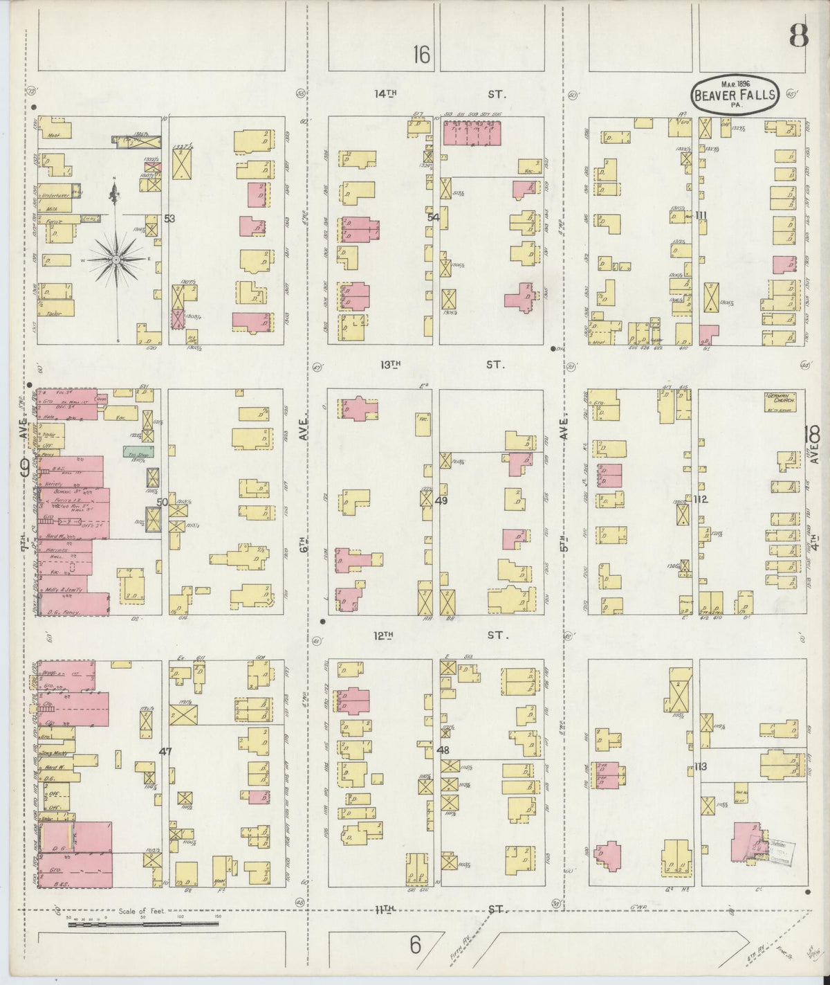 Sanborn Fire Insurance Map from Beaver Falls, Beaver County, Pennsylvania (1896), Sheet #0008 - Complete Map Set gallery image, historic Sanborn map, vintage wall art, Pennsylvania Pennsylvania