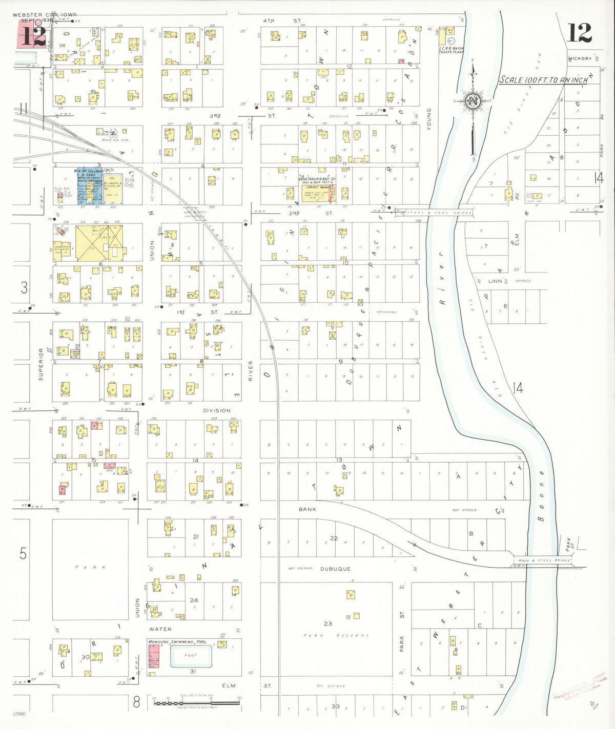 Sanborn Fire Insurance Map from Webster City, Hamilton County, Iowa (1938), Sheet #0012 - Historic Sanborn Fire Insurance Map Print, vintage old map wall art