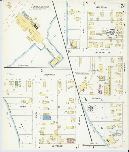 Sanborn Fire Insurance Map from Marine City, Saint Clair County, Michigan (1907), Sheet #0005 - Historic Sanborn Fire Insurance Map Print, vintage old map wall art, antique decor, genealogy gift, Michigan Michigan map