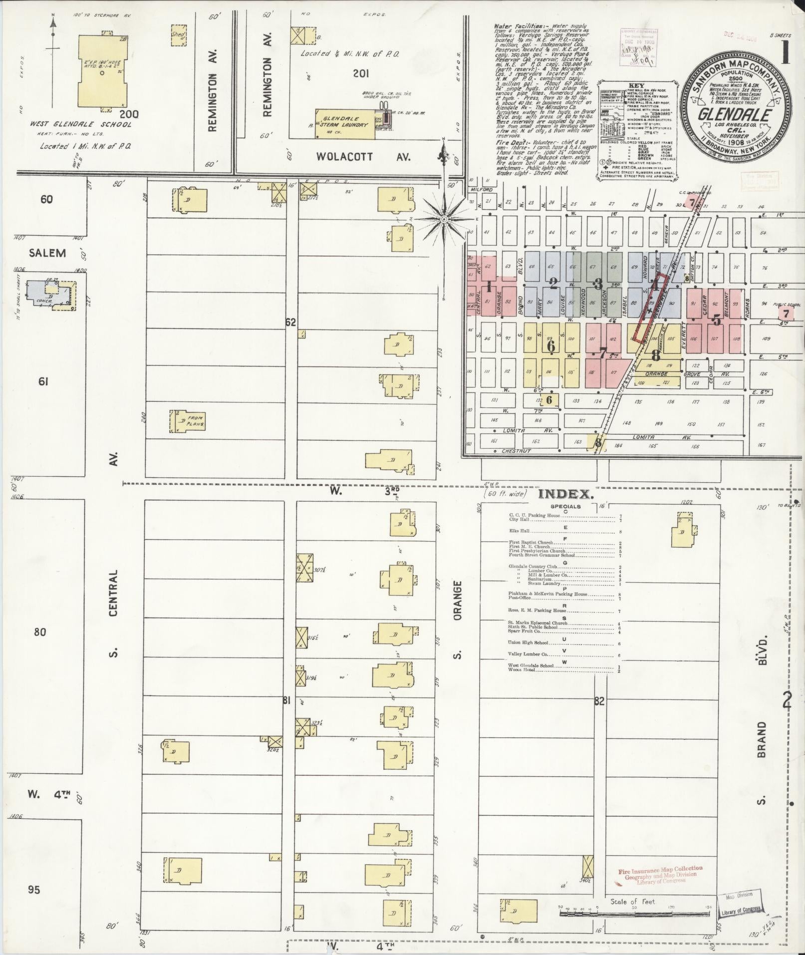 Sanborn Fire Insurance Map from Glendale, Los Angeles County, California (1908), Sheet #0001 - Historic Sanborn Fire Insurance Map Print, vintage old map wall art, antique decor, genealogy gift, California California map
