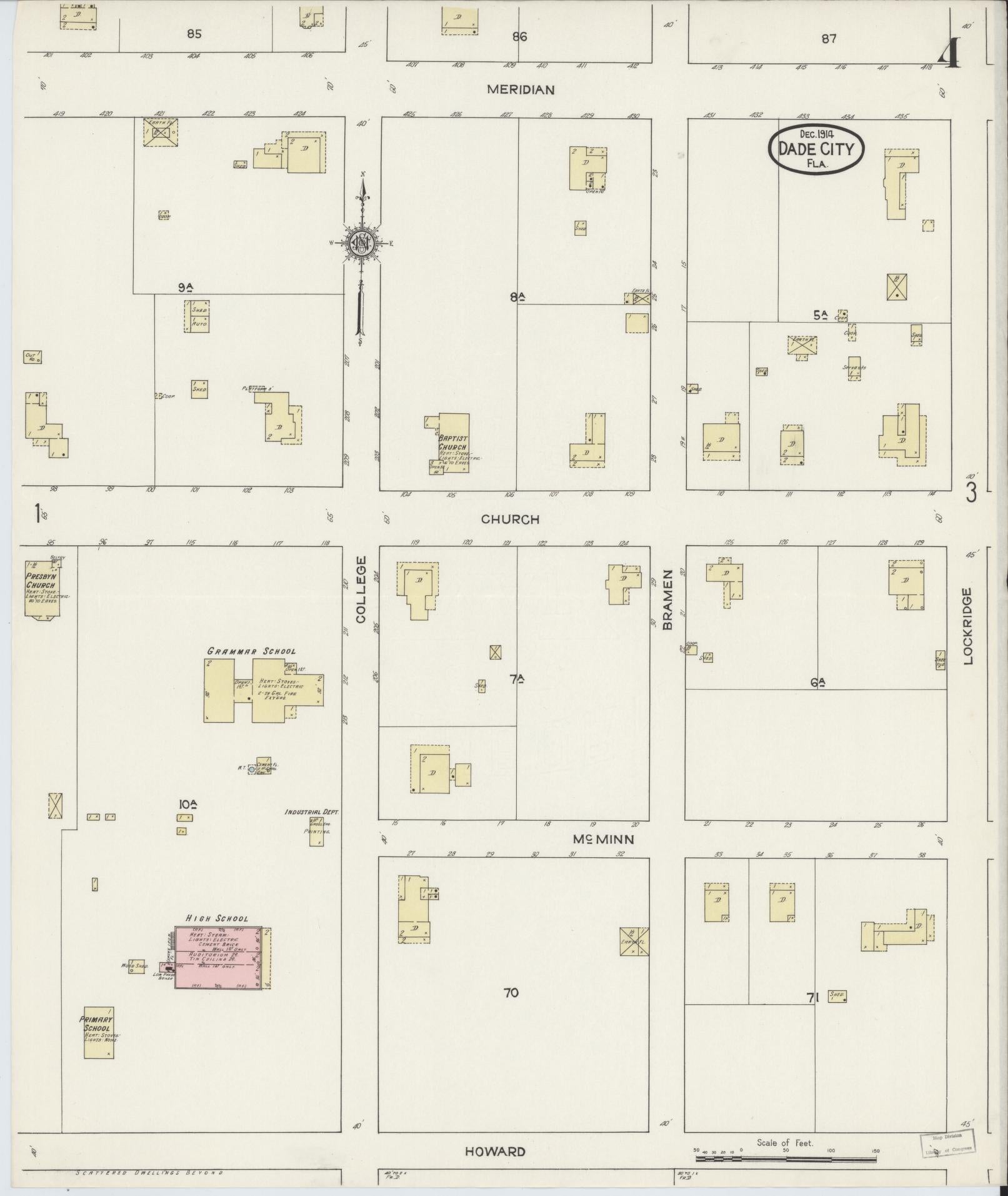 Sanborn Fire Insurance Map from Dade City, Pasco County, Florida (1914), Sheet #0004 - Complete Map Set gallery image, historic Sanborn map, vintage wall art, Florida Florida