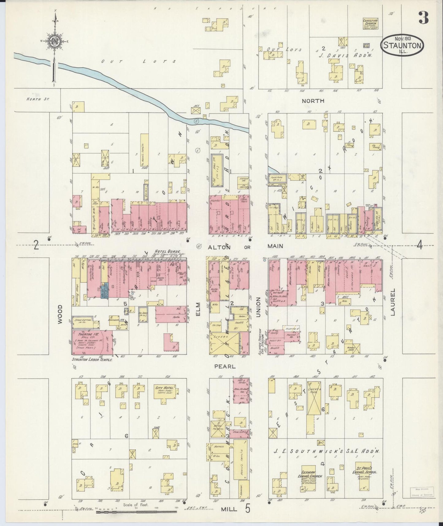 Sanborn Fire Insurance Map from Staunton, Macoupin County, Illinois (1913), Sheet #0003 - Complete Map Set gallery image, historic Sanborn map, vintage wall art, Illinois Illinois