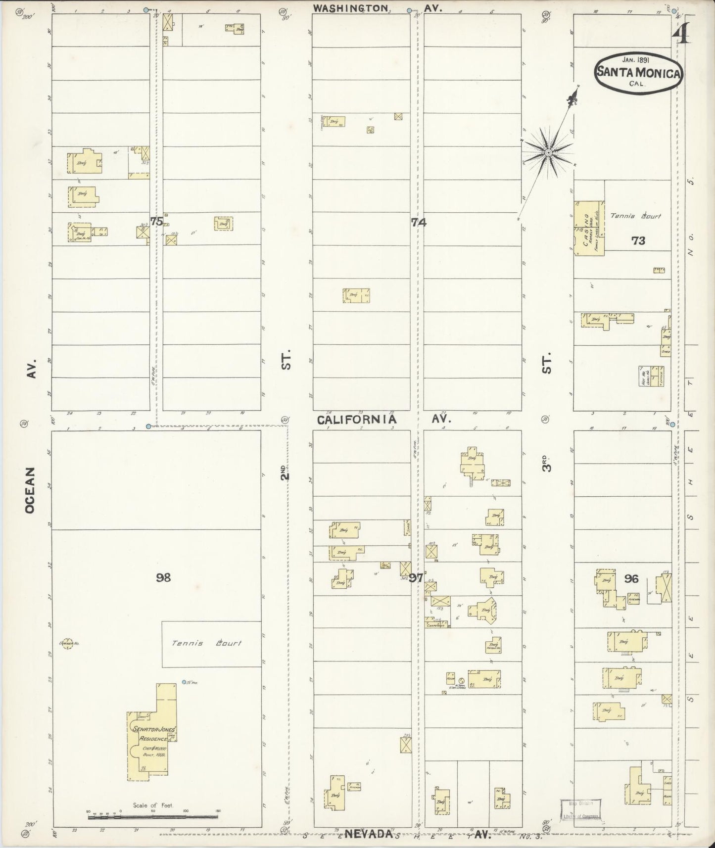 Sanborn Fire Insurance Map from Santa Monica, Los Angeles County, California (1891), Sheet #0004 - Complete Map Set gallery image, historic Sanborn map, vintage wall art, California California