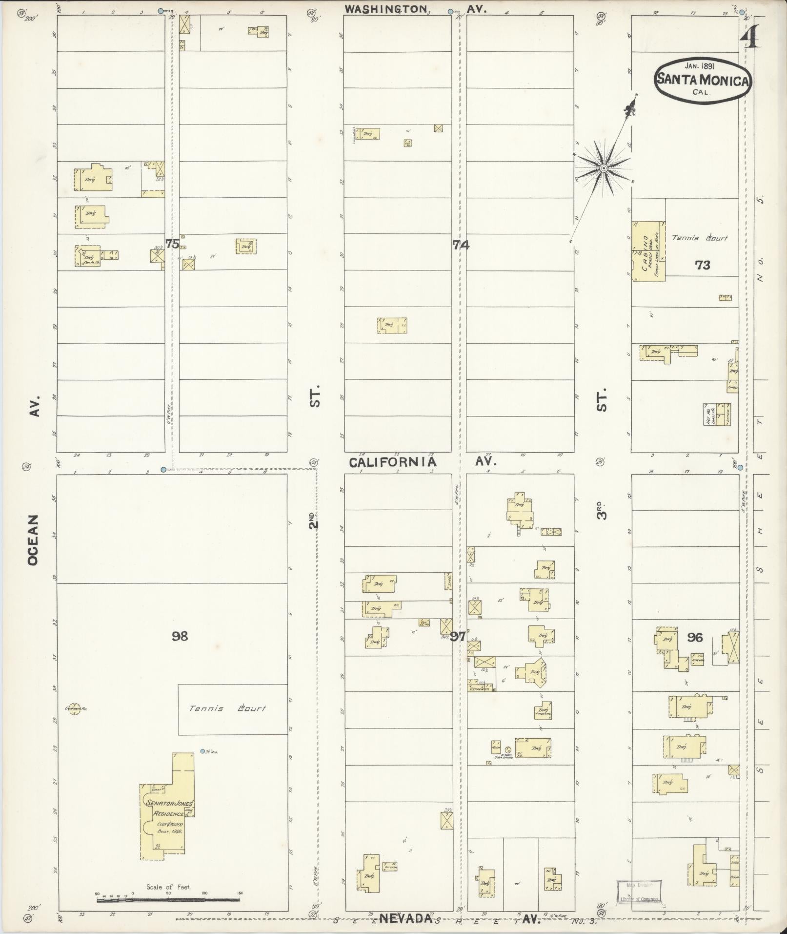 Sanborn Fire Insurance Map from Santa Monica, Los Angeles County, California (1891), Sheet #0004 - Complete Map Set gallery image, historic Sanborn map, vintage wall art, California California