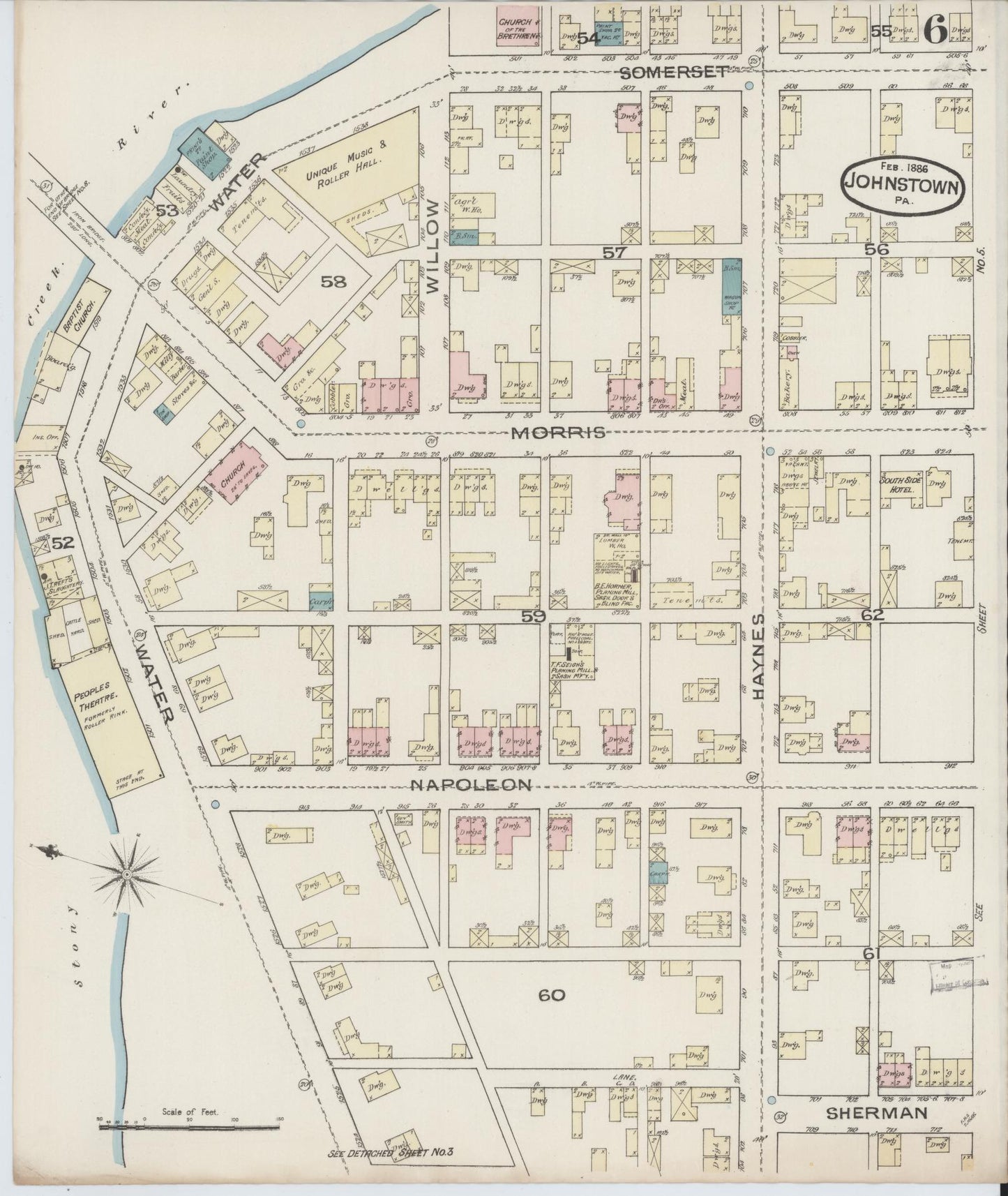 Sanborn Fire Insurance Map from Johnstown, Cambria County, Pennsylvania (1886), Sheet #0006 - Complete Map Set gallery image, historic Sanborn map, vintage wall art, Pennsylvania Pennsylvania