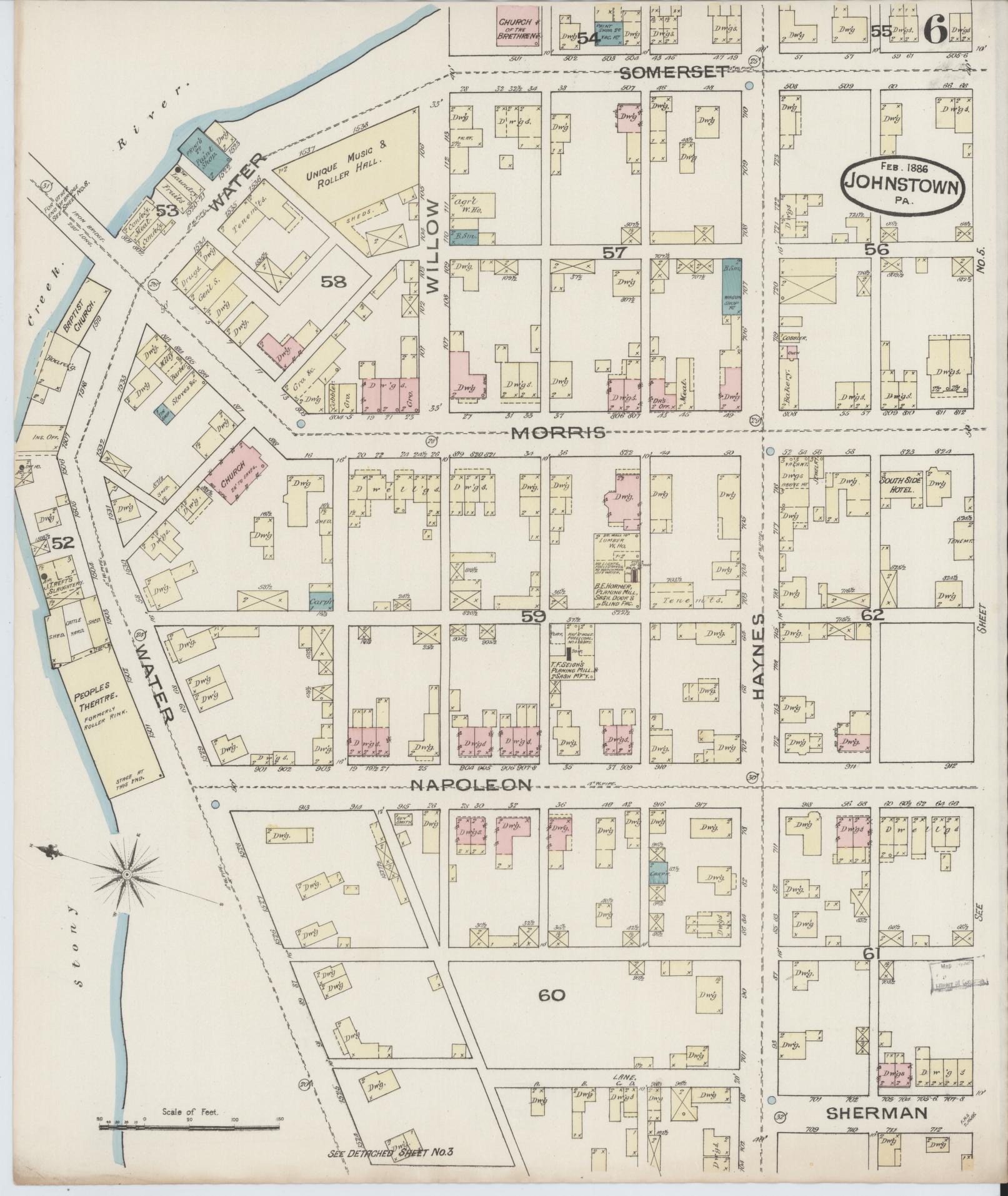 Sanborn Fire Insurance Map from Johnstown, Cambria County, Pennsylvania (1886), Sheet #0006 - Complete Map Set gallery image, historic Sanborn map, vintage wall art, Pennsylvania Pennsylvania