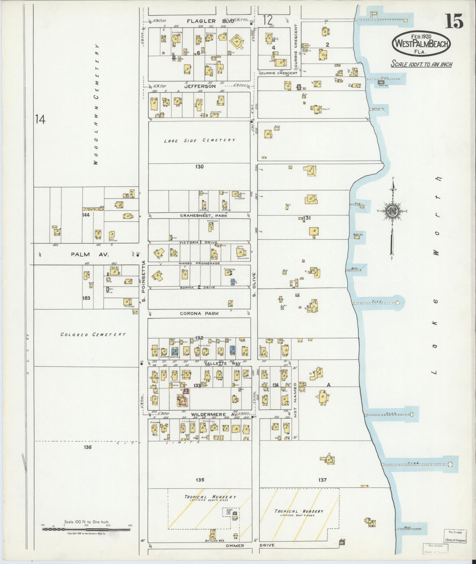 Sanborn Fire Insurance Map from West Palm Beach, Dade County, Florida (1920), Sheet #0015 - Historic Sanborn Fire Insurance Map Print, vintage old map wall art, antique decor, genealogy gift, Florida Florida map