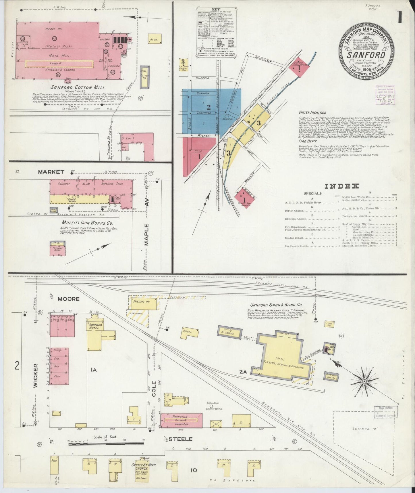 Sanborn Fire Insurance Map from Sanford, Lee County, North Carolina (1908), Sheet #0001 - Historic Sanborn Fire Insurance Map Print, vintage old map wall art, antique decor, genealogy gift, North Carolina North Carolina map