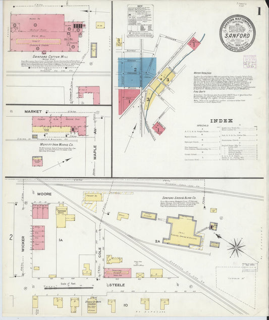 Sanborn Fire Insurance Map from Sanford, Lee County, North Carolina (1908), Sheet #0001 - Historic Sanborn Fire Insurance Map Print, vintage old map wall art, antique decor, genealogy gift, North Carolina North Carolina map