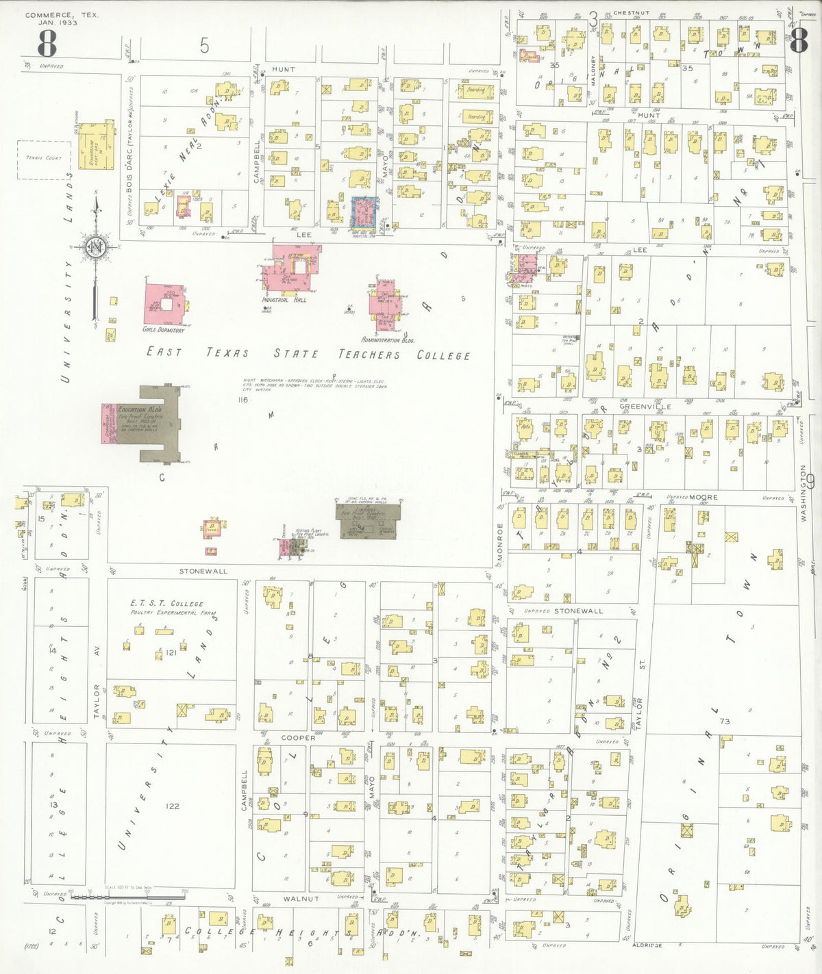 Sanborn Fire Insurance Map from Commerce, Hunt County, Texas (1933), Sheet #0008 - Historic Sanborn Fire Insurance Map Print, vintage old map wall art, antique decor, genealogy gift, Texas Texas map
