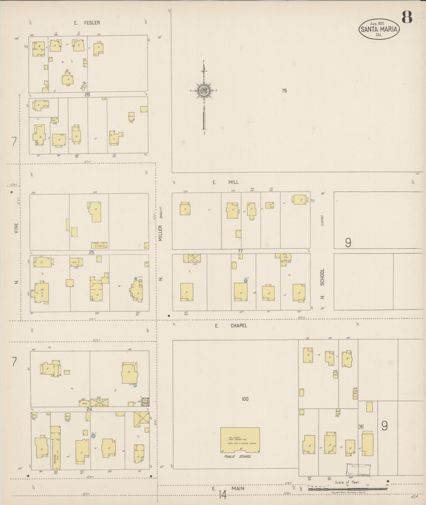 Sanborn Fire Insurance Map from Santa Maria, Santa Barbara County, California (1920), Sheet #0008 - Complete Map Set gallery image, historic Sanborn map, vintage wall art, California California