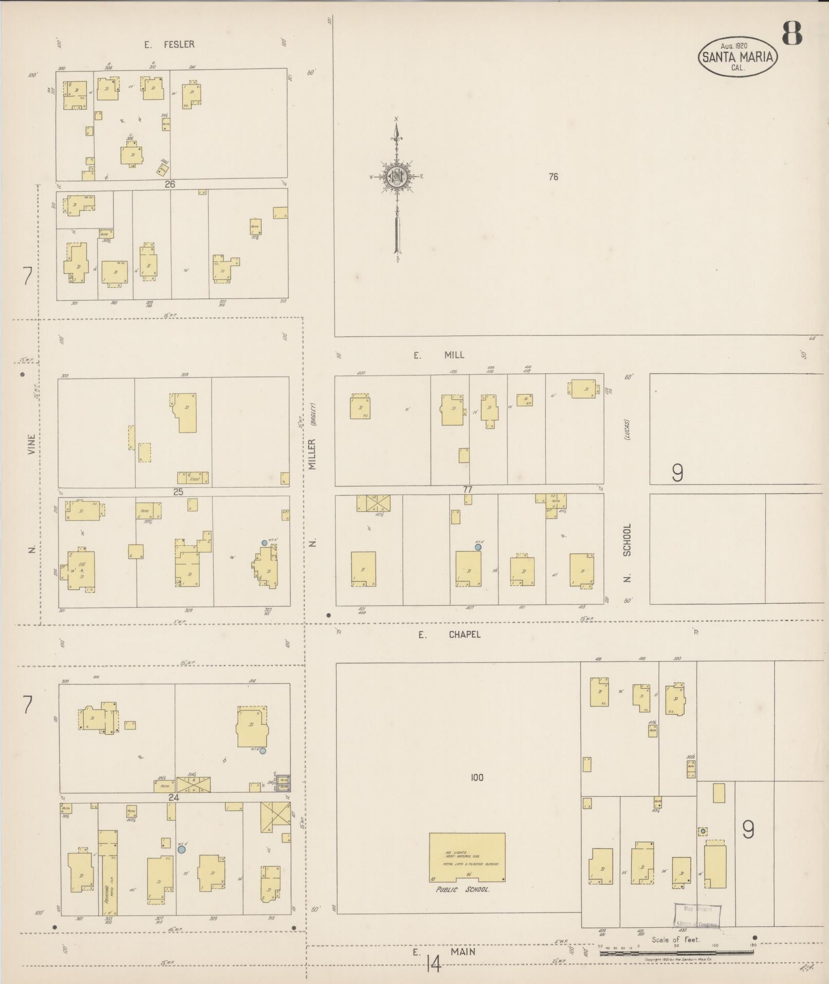 Sanborn Fire Insurance Map from Santa Maria, Santa Barbara County, California (1920), Sheet #0008 - Complete Map Set gallery image, historic Sanborn map, vintage wall art, California California