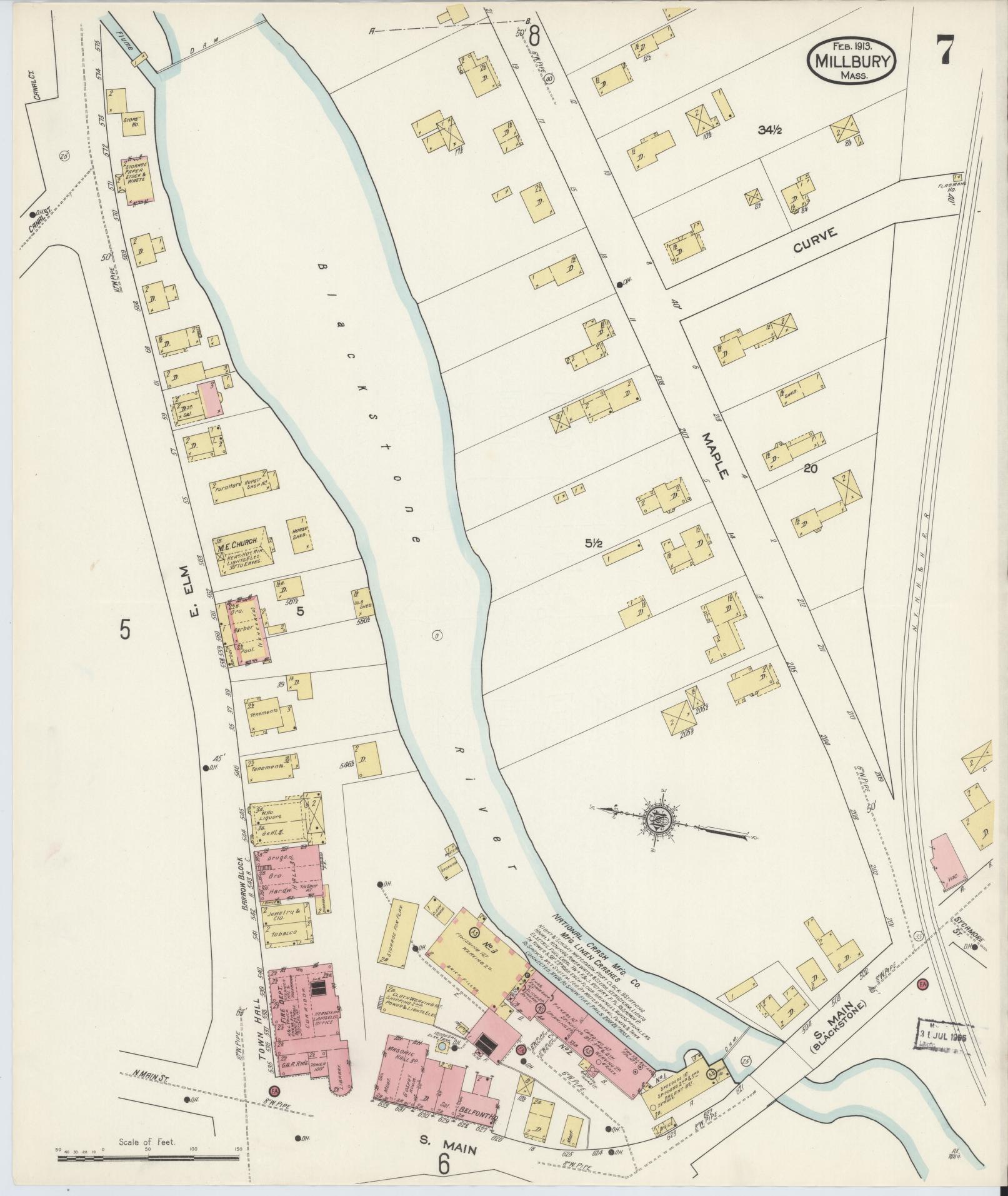 Sanborn Fire Insurance Map from Millbury, Worcester County, Massachusetts (1913), Sheet #0007 - Historic Sanborn Fire Insurance Map Print, vintage old map wall art, antique decor, genealogy gift, Massachusetts Massachusetts map