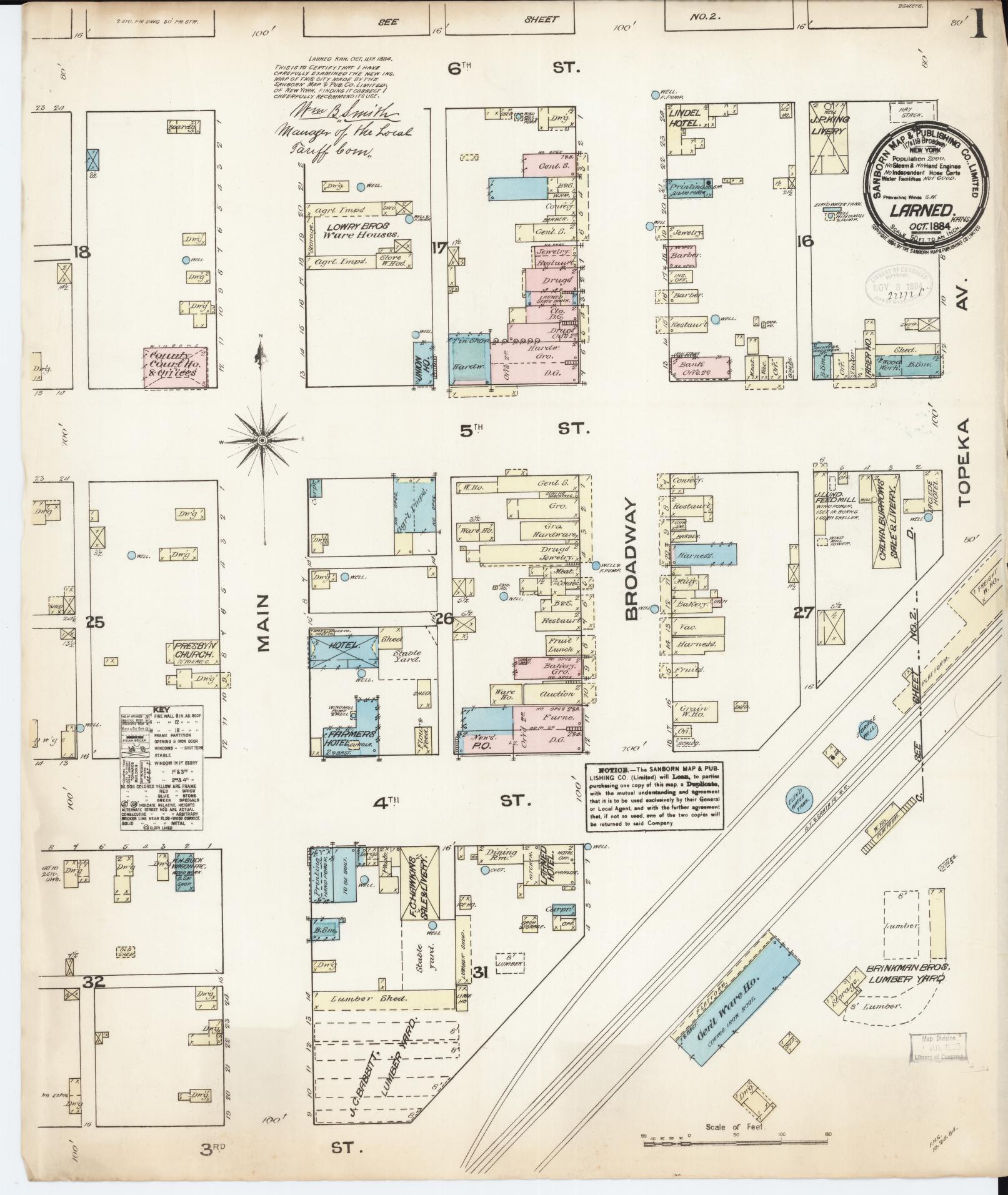 Sanborn Fire Insurance Map from Larned, Pawnee County, Kansas (1884), Sheet #0001 - Complete Map Set gallery image, historic Sanborn map, vintage wall art, Kansas Kansas