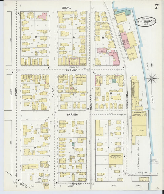 Sanborn Fire Insurance Map from Port Huron, Saint Clair County, Michigan (1892), Sheet #0007 - Historic Sanborn Fire Insurance Map Print, vintage old map wall art, antique decor, genealogy gift, Michigan Michigan map