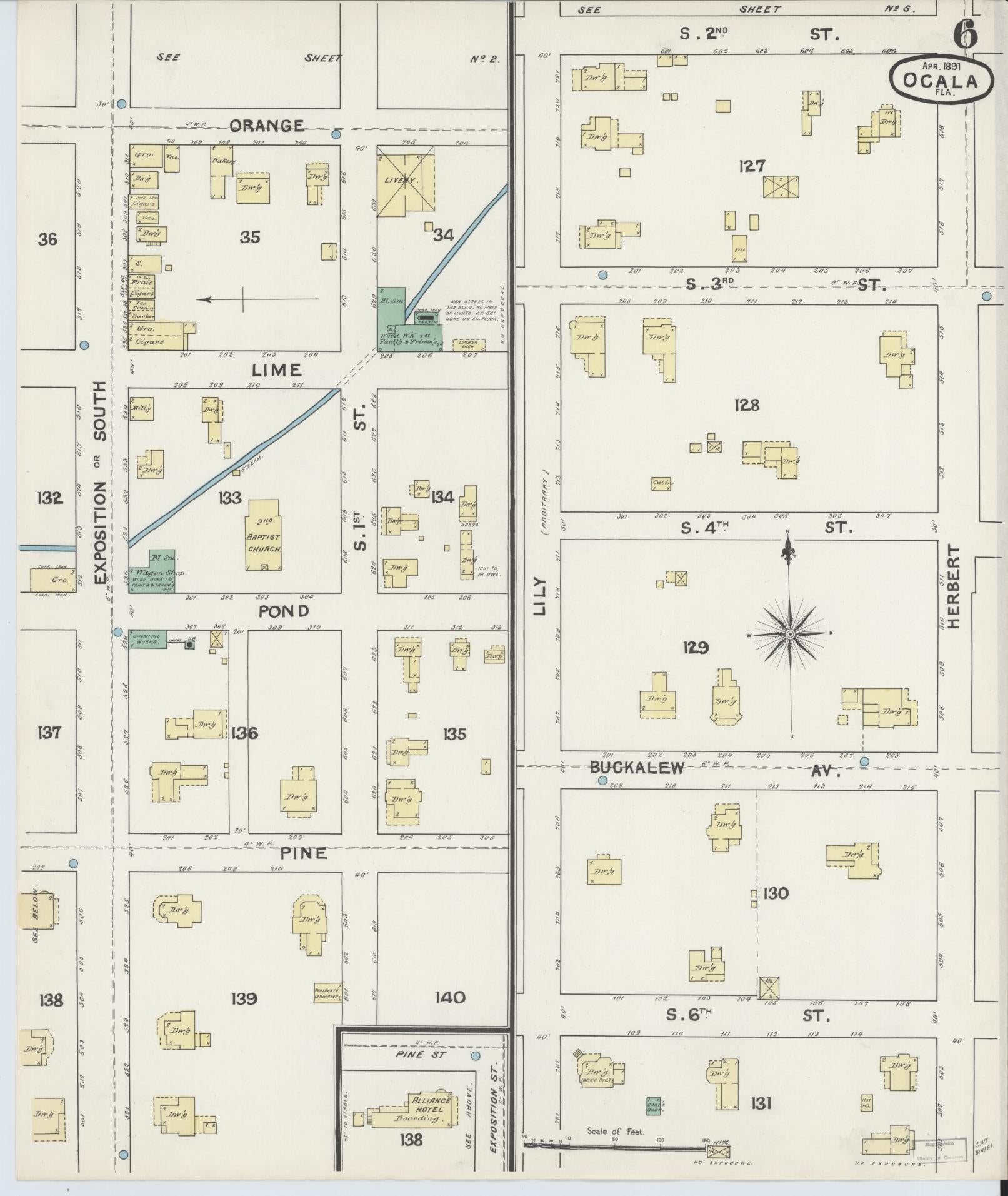 Sanborn Fire Insurance Map from Ocala, Marion County, Florida (1891), Sheet #0006 - Historic Sanborn Fire Insurance Map Print, vintage old map wall art, antique decor, genealogy gift, Florida Florida map