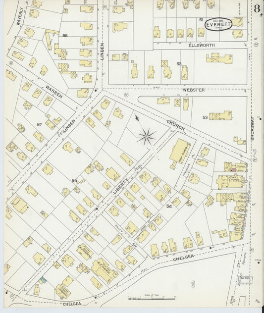 Sanborn Fire Insurance Map from Everett, Middlesex County, Massachusetts (1892), Sheet #0008 - Historic Sanborn Fire Insurance Map Print, vintage old map wall art, antique decor, genealogy gift, Massachusetts Massachusetts map