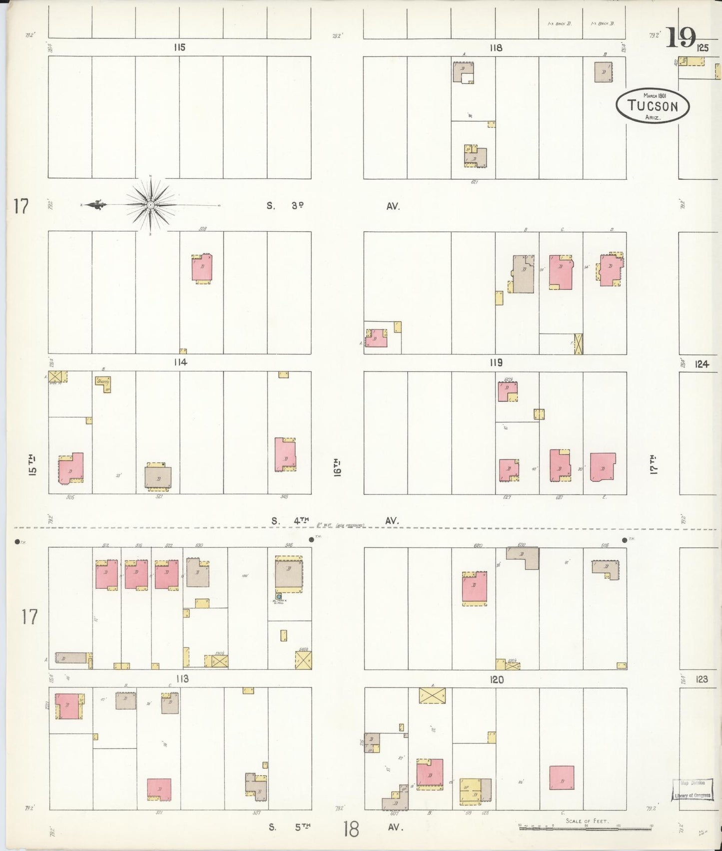 Sanborn Fire Insurance Map from Tucson, Pima County, Arizona (1901), Sheet #0019 - Historic Sanborn Fire Insurance Map Print, vintage old map wall art, antique decor, genealogy gift, Arizona Arizona map