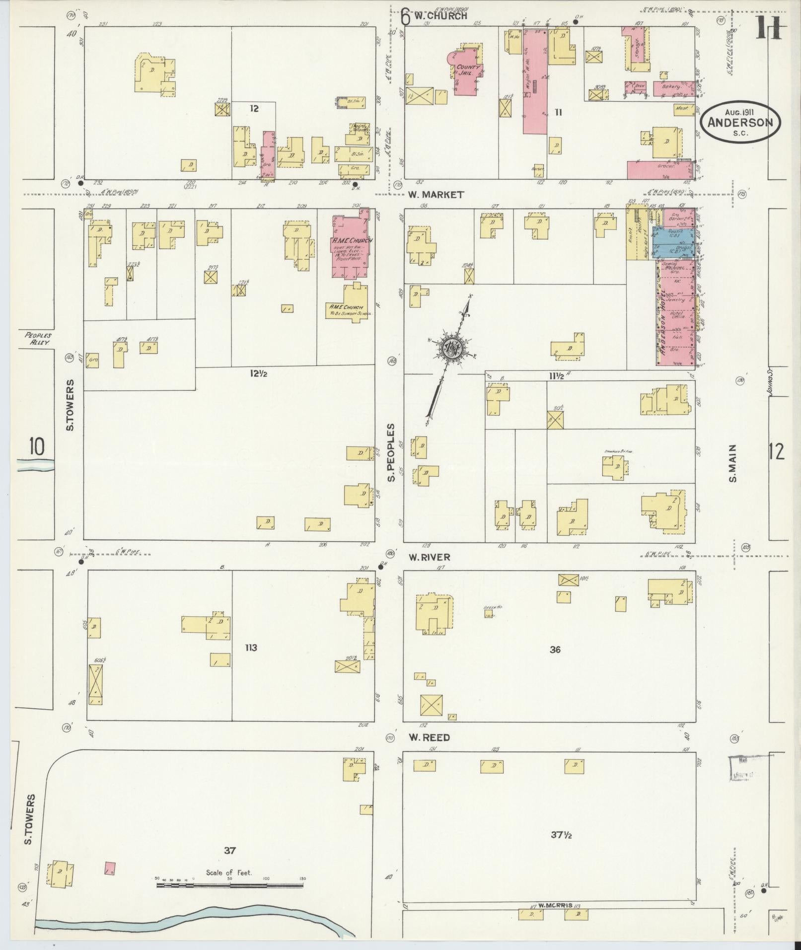 Sanborn Fire Insurance Map from Anderson, Anderson County, South Carolina (1911), Sheet #0011 - Complete Map Set gallery image, historic Sanborn map, vintage wall art, South Carolina South Carolina