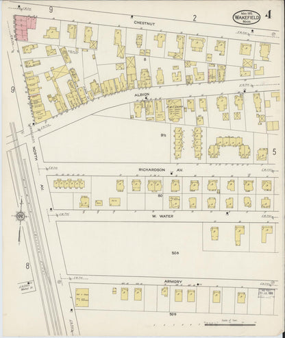 Sanborn Fire Insurance Map from Wakefield, Middlesex County, Massachusetts (1915), Sheet #0004 - Historic Sanborn Fire Insurance Map Print, vintage old map wall art, antique decor, genealogy gift, Massachusetts Massachusetts map