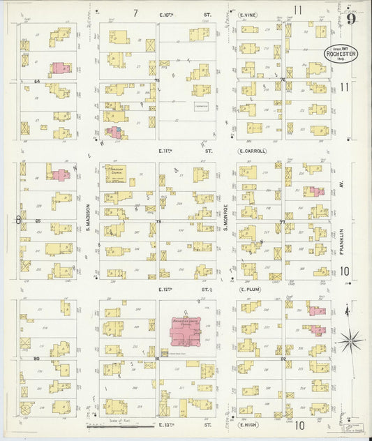 Sanborn Fire Insurance Map from Rochester, Fulton County, Indiana (1907), Sheet #0009 - Historic Sanborn Fire Insurance Map Print, vintage old map wall art, antique decor, genealogy gift, Indiana Indiana map