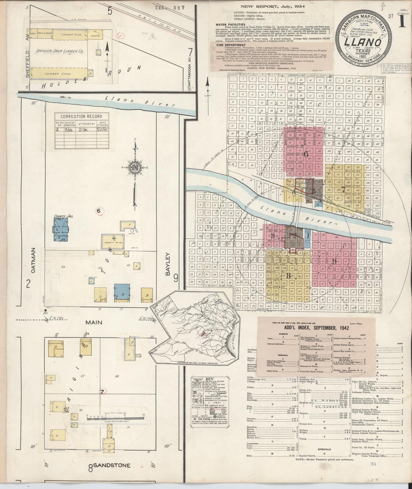 Sanborn Fire Insurance Map from Llano, Llano County, Texas (1942), Sheet #0001 - Complete Map Set gallery image, historic Sanborn map, vintage wall art, Texas Texas