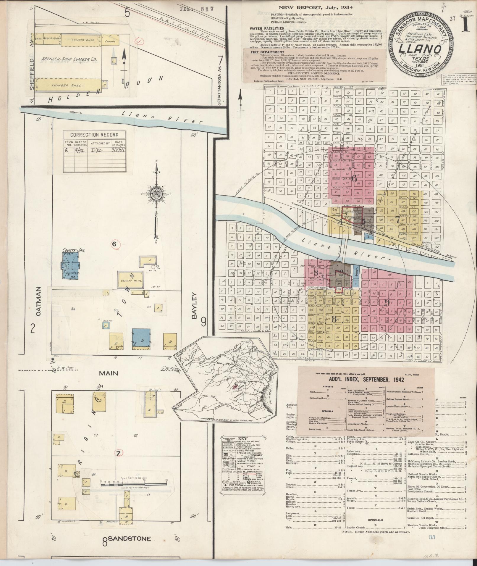 Sanborn Fire Insurance Map from Llano, Llano County, Texas (1942), Sheet #0001 - Complete Map Set gallery image, historic Sanborn map, vintage wall art, Texas Texas