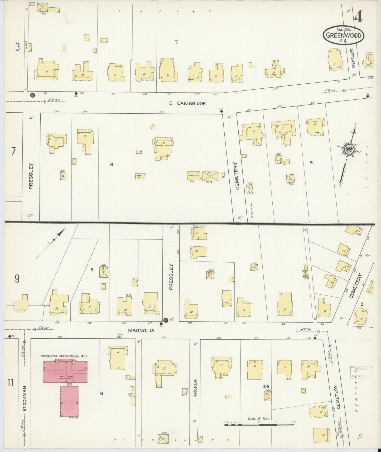 Sanborn Fire Insurance Map from Greenwood, Greenwood County, South Carolina (1913), Sheet #0004 - Complete Map Set gallery image, historic Sanborn map, vintage wall art, South Carolina South Carolina